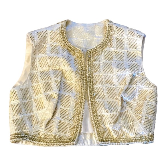 1950’s Hollywood Estate Hand Beaded Gold Bolero Vest Wedding Top w/Rhinestones,S - Picture 7 of 9